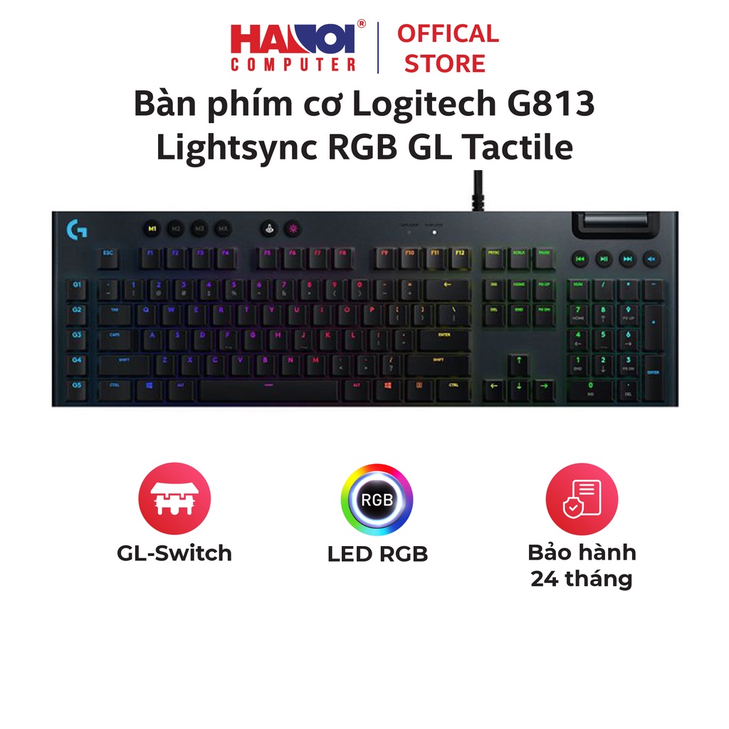 Bàn phím cơ Logitech G813 Lightsync RGB Thiết kế siêu mỏng, phím thấp,cho cảm giác gõ nhanh, mượt mà hơn