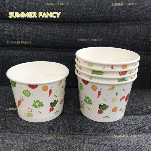 50 bát cháo giấy 500ml in hình rau củ có nắp cốc hộp an toàn - 16oz tô giấy paper bowl