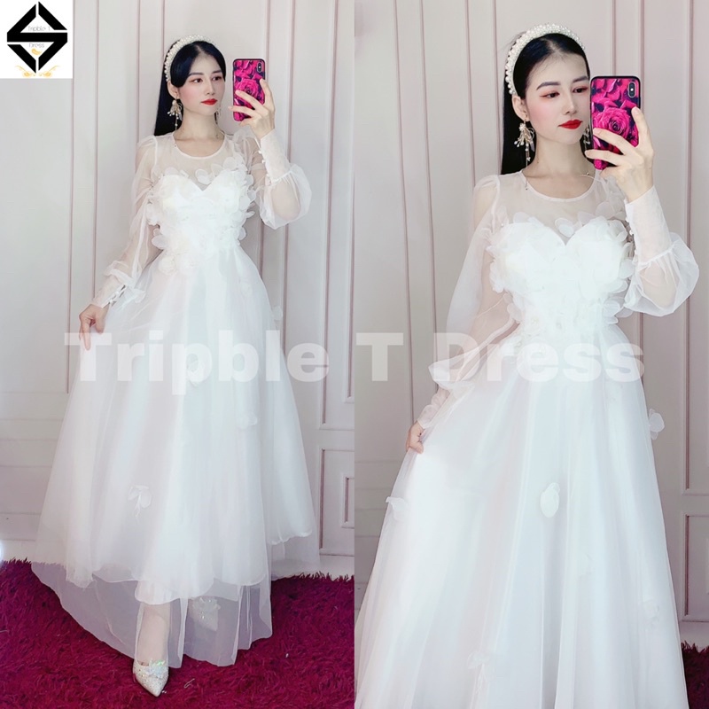 Đầm xoè tay dài phồng kết hoa nổi 3D TRIPBLE T DRESS  - size M/L - MS202V