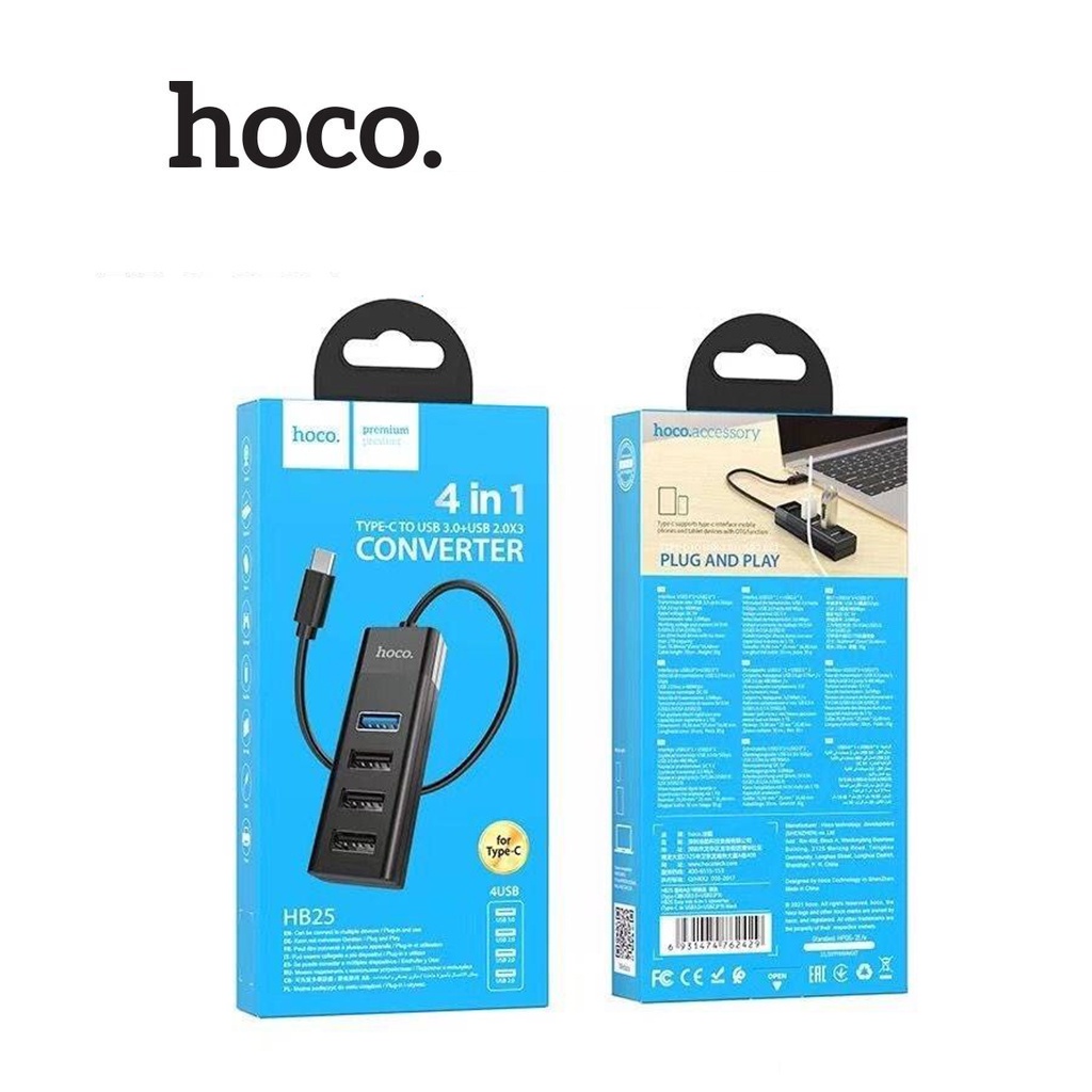 CHÍNH HÃNG Hub TYPE C chuyển ra 4 Cổng 1 USB 3.0, 3 USB 2.0 Hoco HB25 cho Laptop, Điện thoại, Dài 30CM