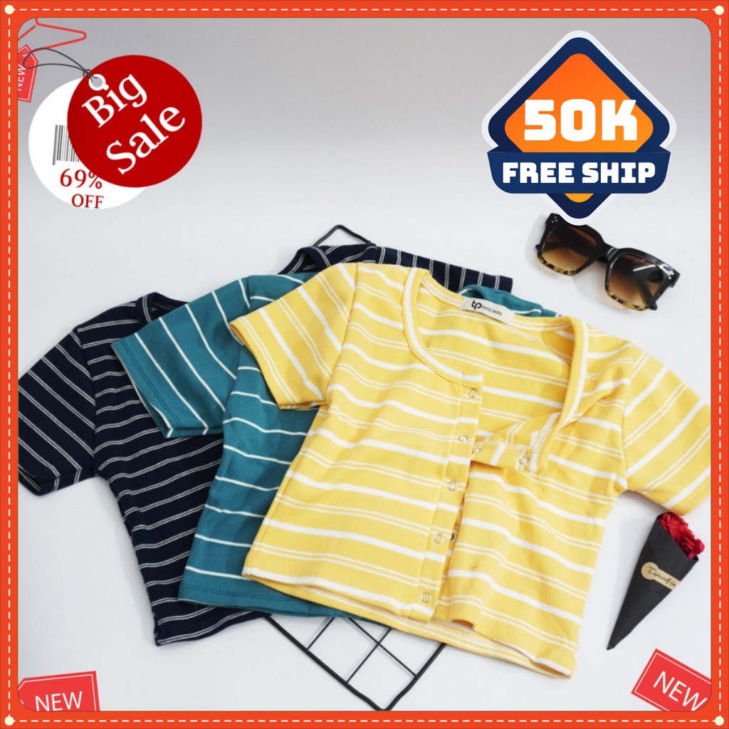 [Nhiều màu] ÁO CROPTOP THUN GÂN SỌC KẺ phối cúc bấm | BigBuy360 - bigbuy360.vn