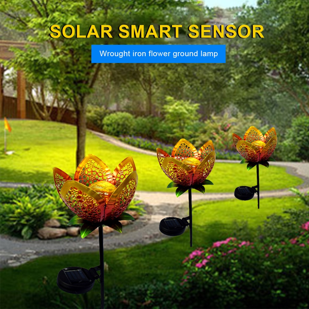 Outdoor Solar Lights Garden Flower Lampu Yard Pathway Decorative waterproof Retro Metal Hollow Landscape Stake Led Lamp
