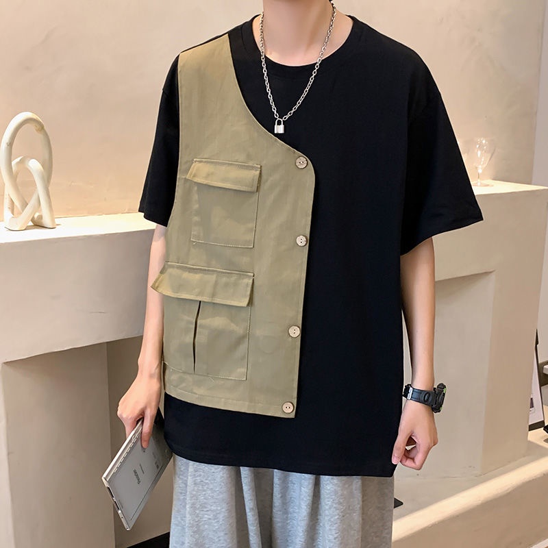 Áo Thun Ngắn Tay Giả Hai Lớp Phối Túi Phong Cách Hàn Quốc Dành Cho Nam