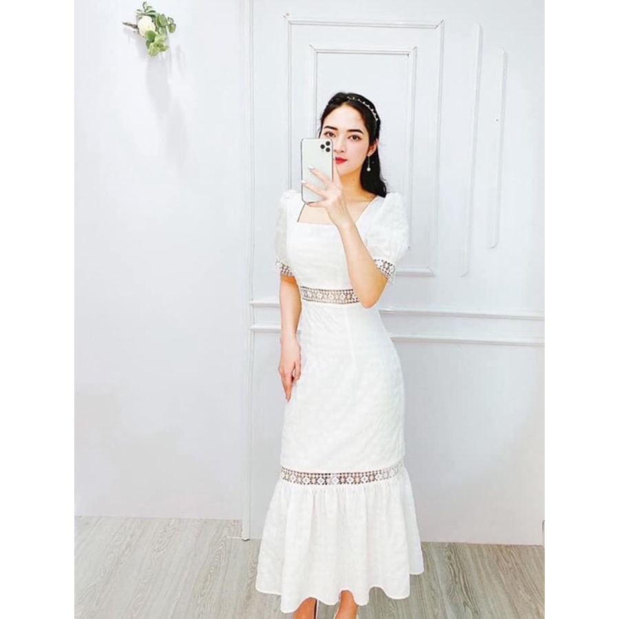 Đầm maxi công chúa dự tiệc trắng phối ren đuôi cá xinh đẹp cá tính XUKA DRESS chất đũi siêu đẹp.