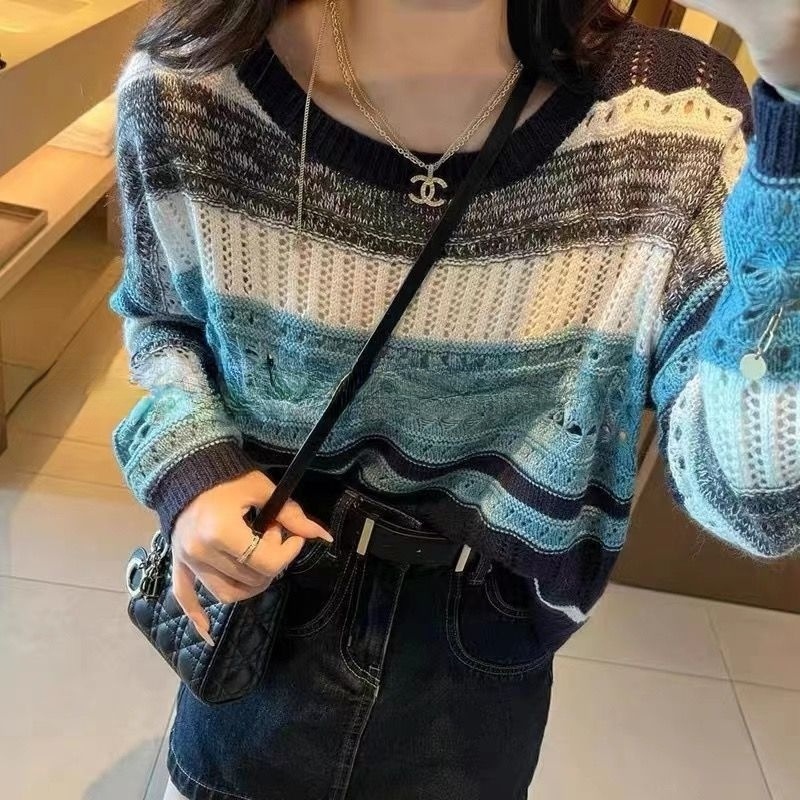 Áo Sweater Dệt Kim Mỏng Dáng Ôm Họa Tiết Kẻ Sọc Màu Xanh Dương Phong Cách Cổ Điển Thời Trang Cho Nữ