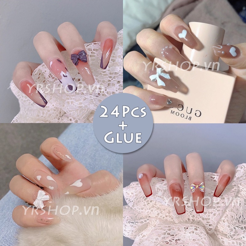 Bộ 24 Móng Tay Giả Đính Ngọc Trai Màu Hồng Xinh Xắn Cho Nữ