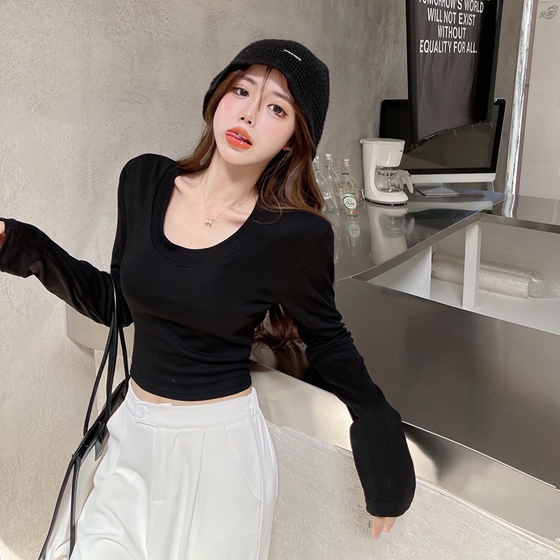 Áo Croptop Tay Dài Cổ Chữ U Màu Sắc