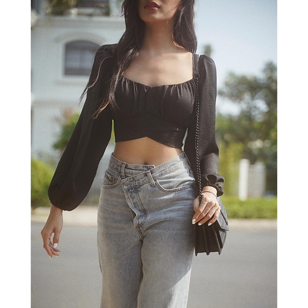 Áo croptop tay dài thắt nơ sau lưng - Chất liệu vải đũi thoáng mát