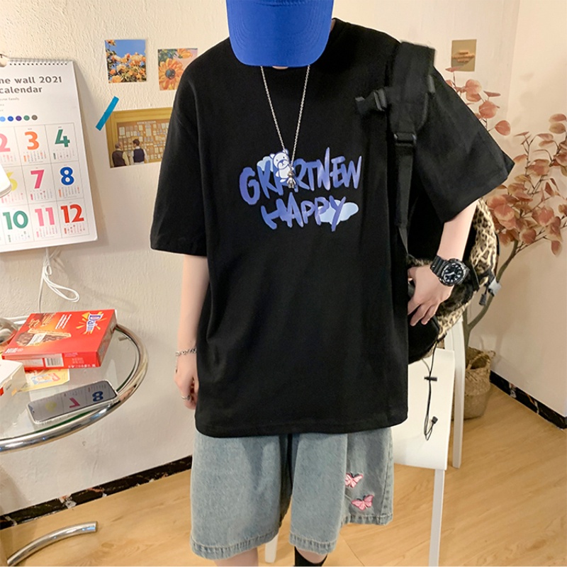 Áo Thun Tay Ngắn Cổ Tròn Dáng Rộng In Hình Gấu Và Chữ Thời Trang Cho Nam Size M-5XL