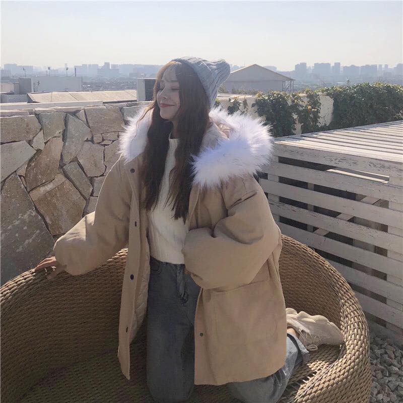 Áo khoác kaki lót lông dày ấm mũ lông trắng đẹp form rộng | BigBuy360 - bigbuy360.vn