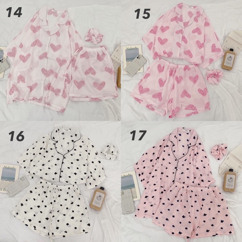 [cSALE XẢ] Set Pijama họa tiết kèm scrunchies - Bộ mặc nhà đáng yêu