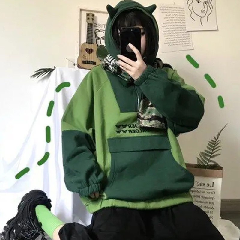 Áo Hoodie Mùa Đông Dáng Rộng Có Khóa Kéo 1 / 4 &quot;In Họa Tiết Hoạt Hình Phong Cách Harajuku Cho Nữ