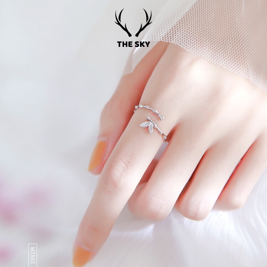 Nhẫn Bạc Nữ THE SKY NB08 Thiết Kế Mẫu Cành Trúc Kèm Mặt Bướm