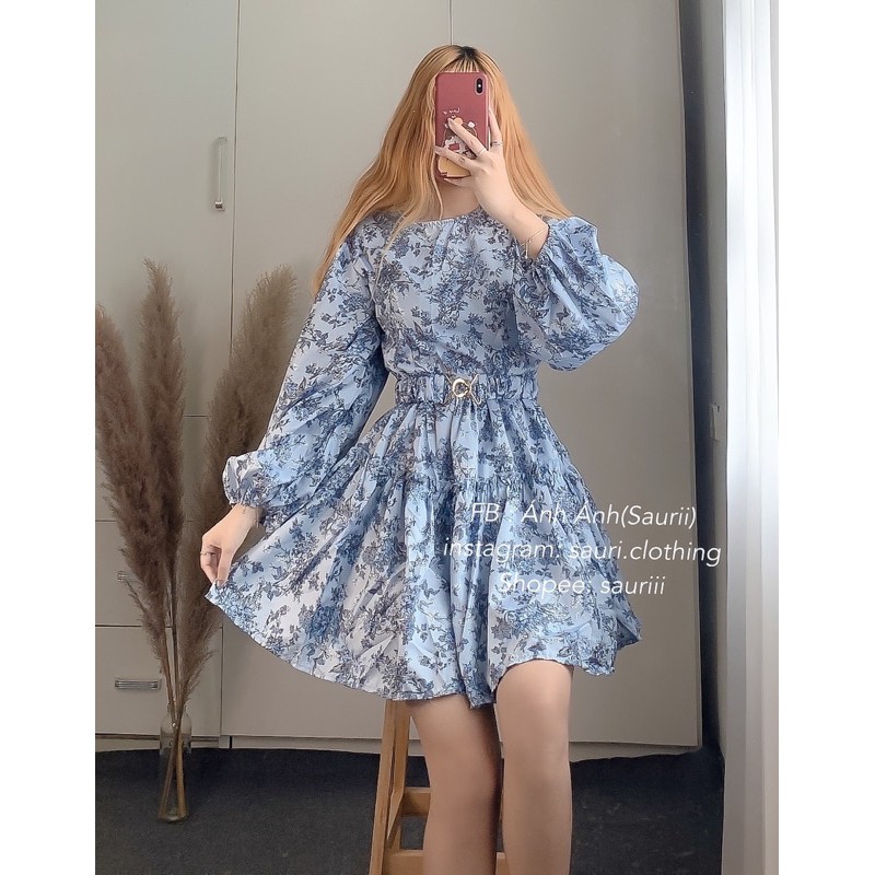 SẴNĐầm xoè hoạ tiết hoa nhí tiểu thư sang chảnh|Đầm babydoll tay phồng cổ tròn vintage xinh xắn dạo phố kèm belt