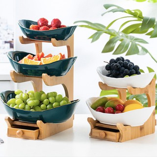 Khay đựng trái cây - kèm kệ gỗ 2 tầng và 3 tầng màu trắng và xanh cổ vịt phong cách Bắc Âu