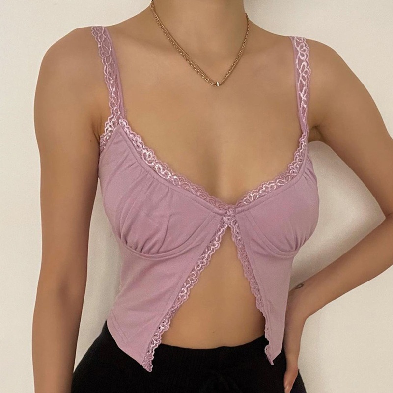 Áo Croptop Hai Dây Dáng Ôm Cổ Chữ U Viền Ren Thời Trang Mùa Hè Cho Bạn Gái