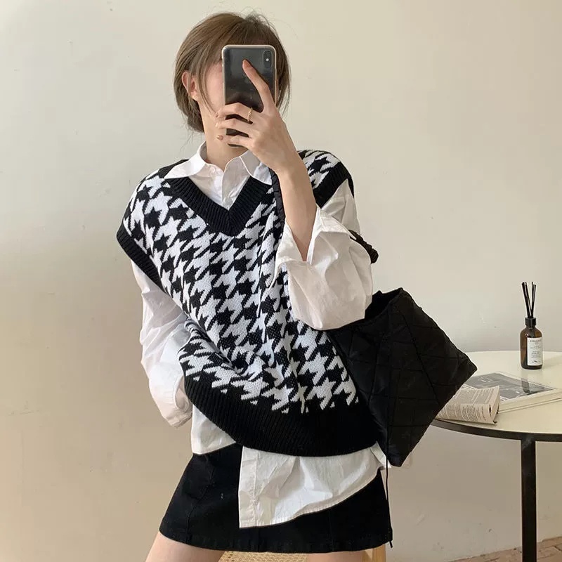 Áo sweater dệt kim không tay thiết kế xinh xắn phong cách Hàn