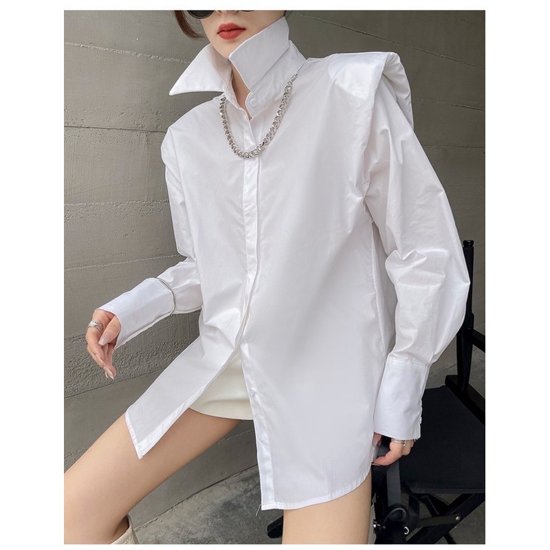 Áo sơ mi dáng dài độn cầu vai koreastyle