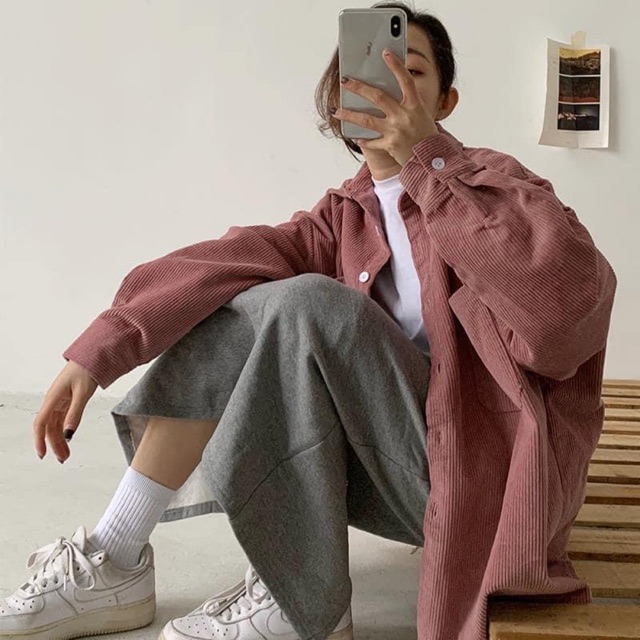 Áo sơ mi nhung lì 2 túi oversize vintage Hàn Quốc 1hit_unisex