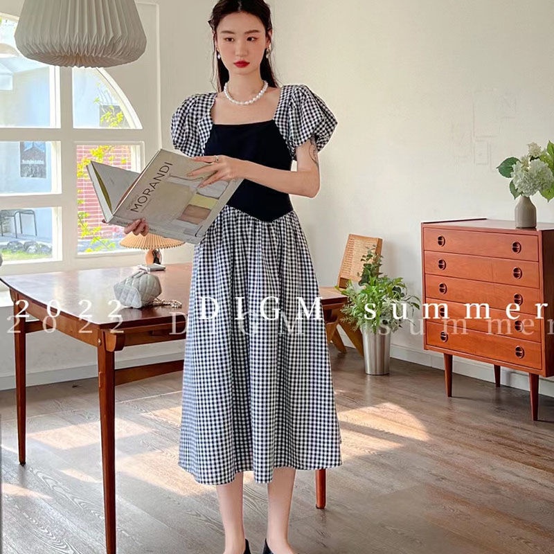 Đầm Chữ A Tay Phồng Họa Tiết Kẻ Sọc Phong Cách retro Thời Trang Hàn Quốc Cho Nữ