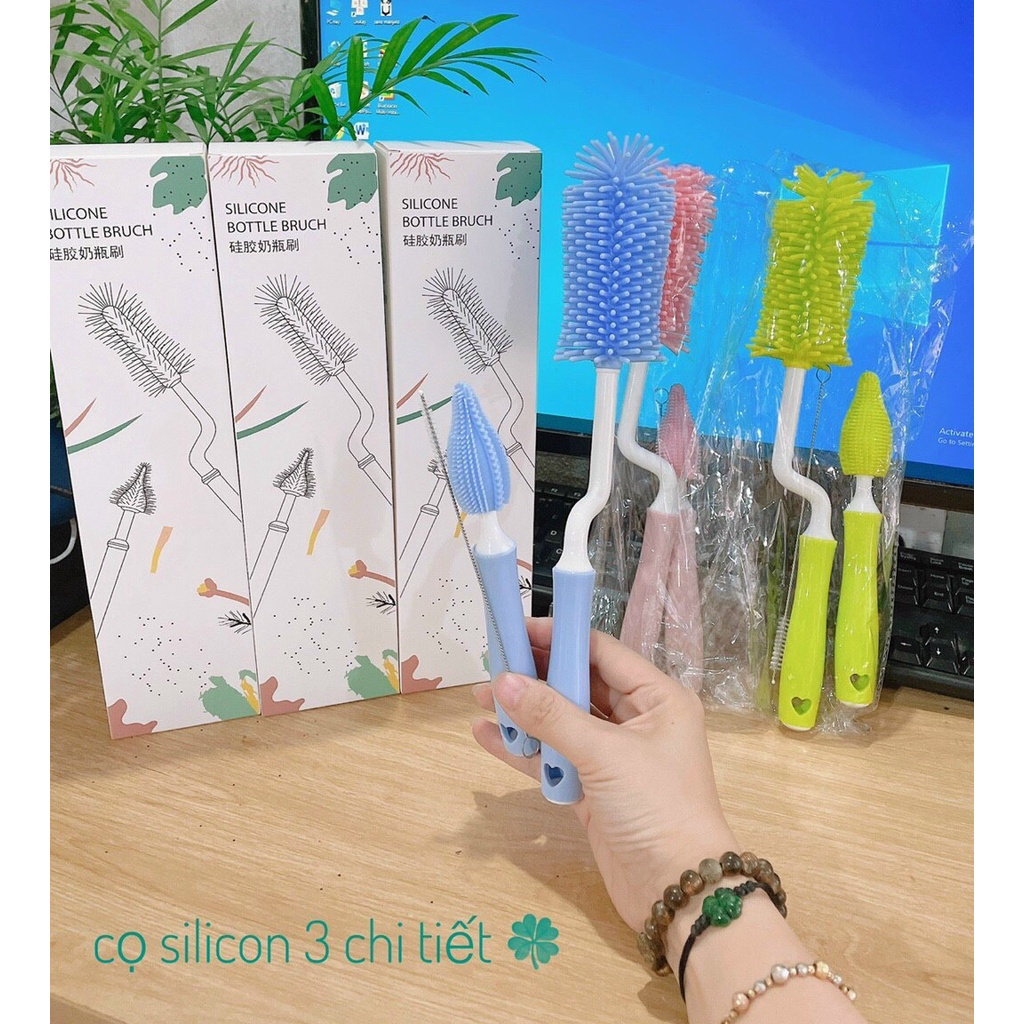 Cọ rửa bình sữa Silicon cao cấp tay cầm xoay 360 độ gồm 3 chi tiết dùng cho mọi loại bình