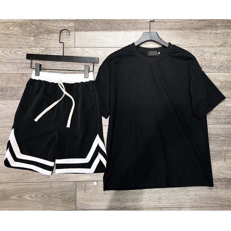 < FREESHIP > Set Áo Thun Đen phối Quần Short 2V [ Form UNISEX ]