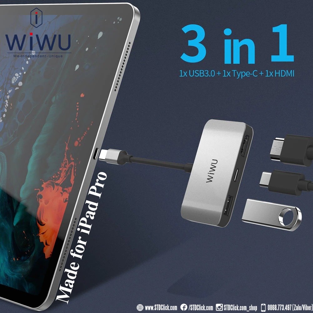 HUB CHUYỂN TYPE C WIWU Alpha C2H CHÍNH HÃNG 3 IN 1 TYPE C TO USB 3.0 + TYPE C PD 100W + HDMI 4K