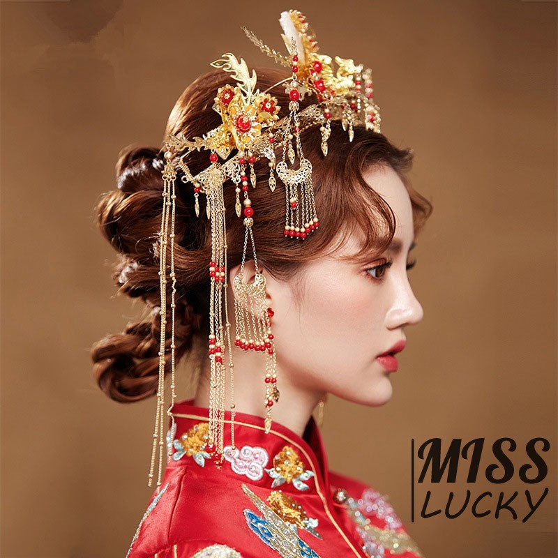 New Bride's Headwear Golden Costume Headdress Chinese Phoenix Coronet Hair Ornament Cheongsam Dress Tiara