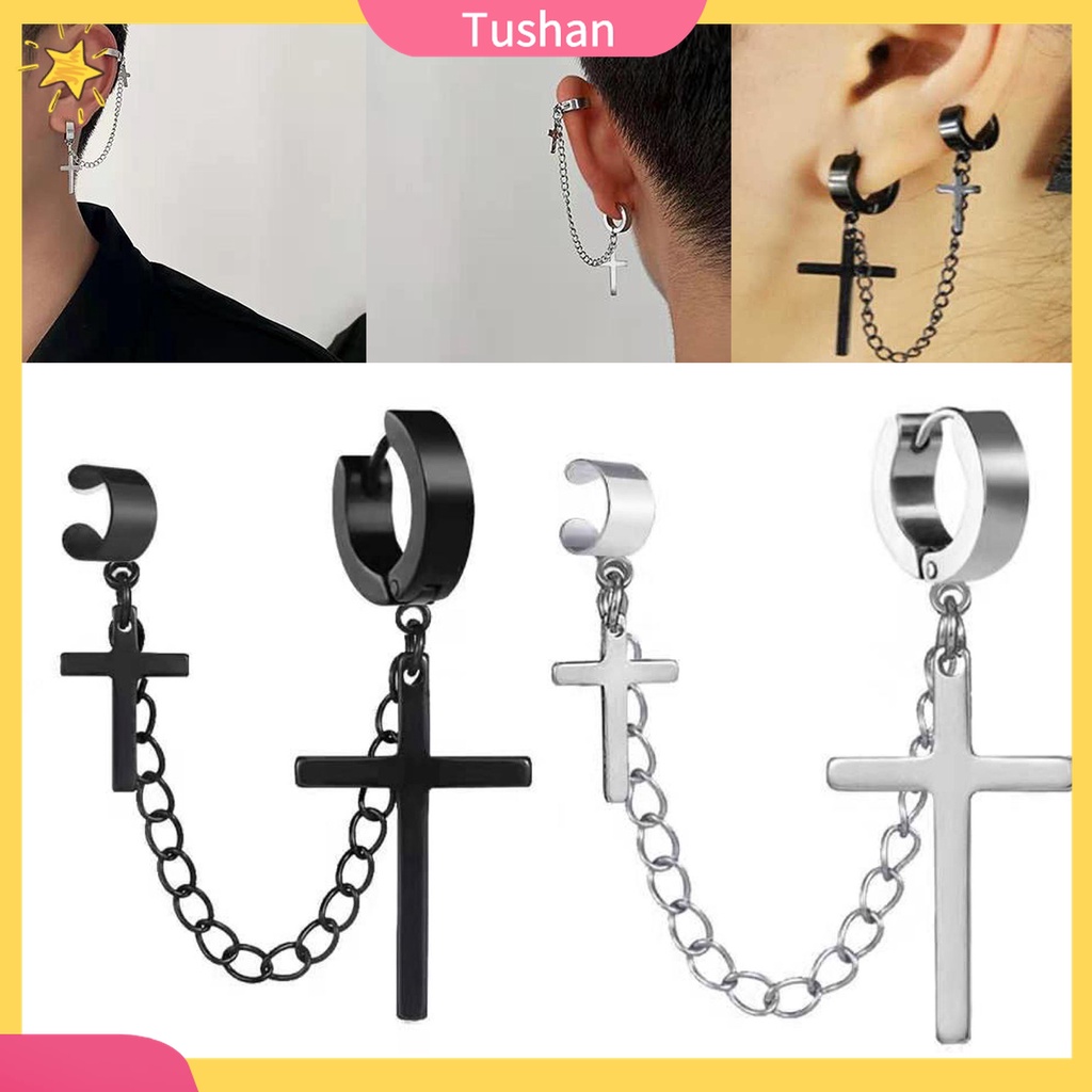 1 Khuyên Tai Kim Loại Dạng Mắc Xích Phối Mặt Thánh Giá Phong Cách Hip Hop Cho Nam