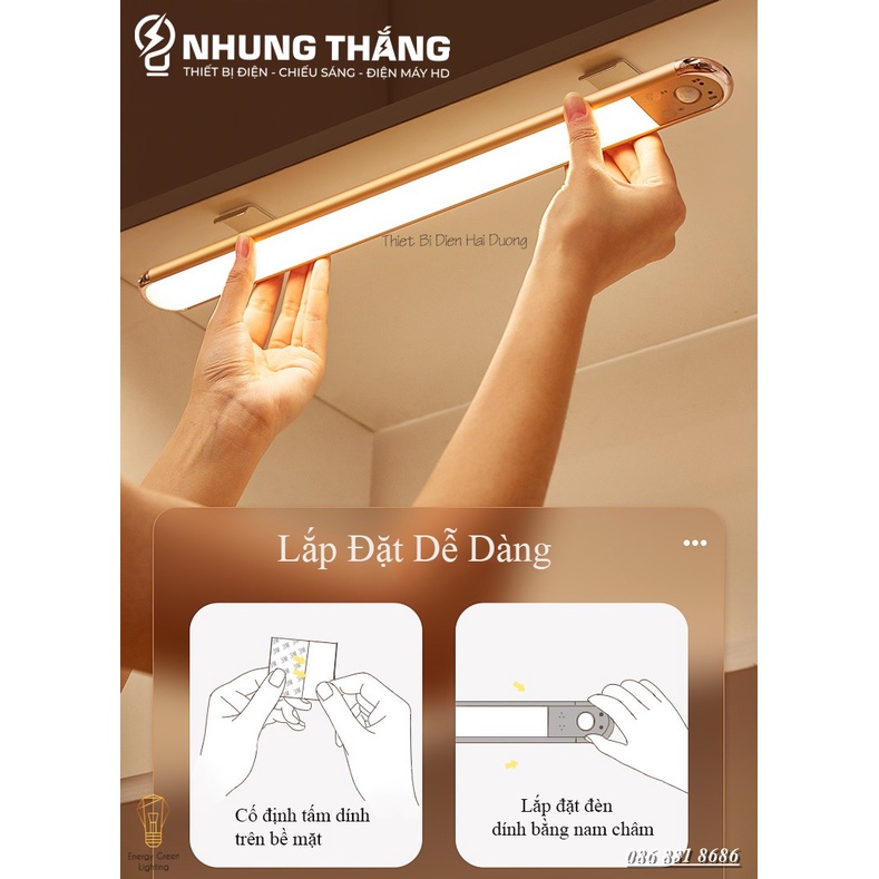 Đèn Led Dán Tủ Cảm Biến Thân Nhôm Cao Cấp WH-L01-GY - 60-80cm- 3 Chế Độ Ánh Sáng - Tăng Giảm Ánh Sáng -Pin Sạc Tích Điện
