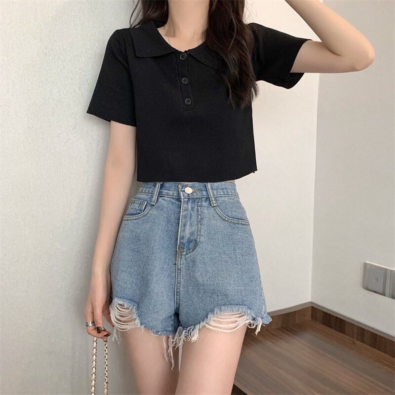 Áo len nữ dệt kim cộc tay cổ bẻ dáng croptop