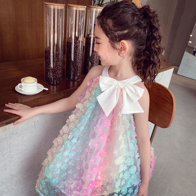 Đầm Công Chúa Hai Dây Không Tay Đính Nơ Hoa Ba Chiều Nhiều Màu Dành Cho Bé Gái