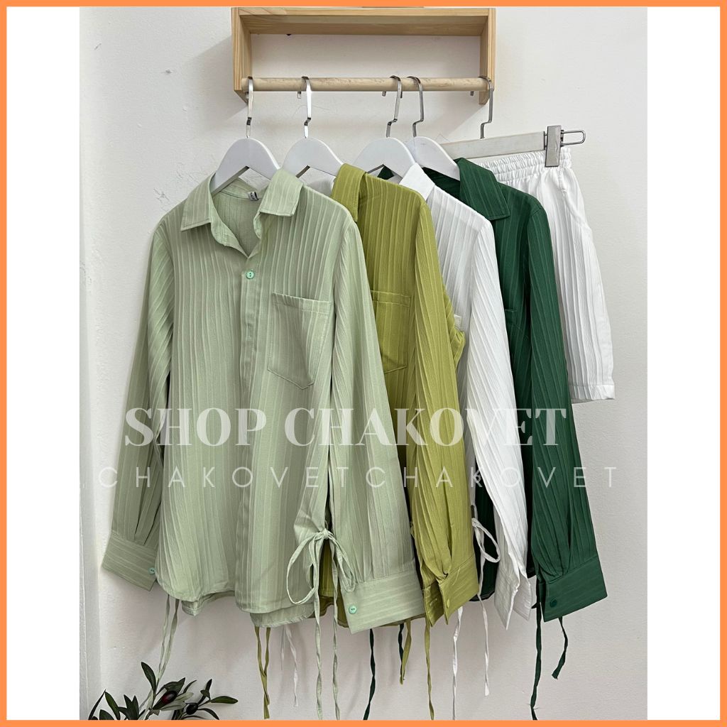 Set áo sơ mi đũi gân xẻ tà tiểu thư S8418 Bộ đồ nữ bánh bèo gồm áo xẻ hông buộc dây kèm quần sooc Ulzzang cực xinh