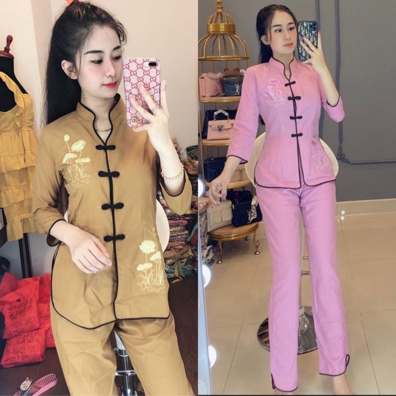 Đồ lam pháp phục quần áo đi chùa - BỘ CỔ TÀU THÊU SEN Vải Kate Cotton Mịn Dày Dặn Thoáng Mát