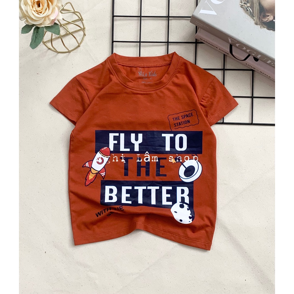 Áo thun ngắn tay bé trai in hình tên lửa chất liệu thun cotton 100% co giản 4 chiều mềm mịn mát cho bé từ 8-36 kg