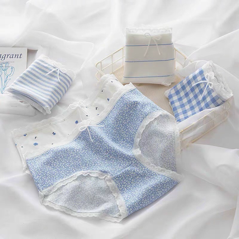 Combo 5 Quần Lót Nữ Cotton Cute Dễ Thương họa tiết kẻ xanh gắn nơ