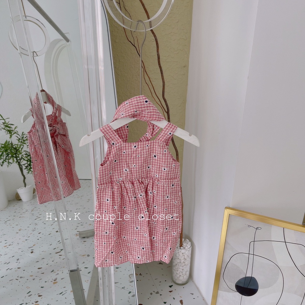 Váy 2 Dây + Turban Bé Gái 6-16kg Chất Thô Boil Mềm Kẻ Caro In Hoa Cúc Buộc Nơ Sau, Đầm Đi Chơi, Mặc Nhà Cho Bé - AN.KID