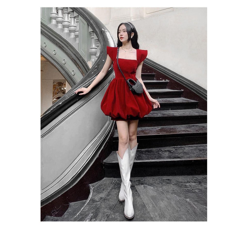 Váy đỏ nữ VAYO Đầm đỏ cổ v tay phồng ngắn đi tiệc noel tết chất nhung mềm đẹp thời trang dáng chữ a dưới 55kg | BigBuy360 - bigbuy360.vn
