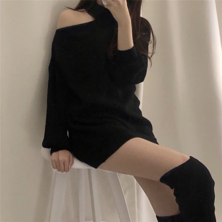 Áo sweater trễ vai dáng rộng màu trơn phong cách Hàn Quốc thời trang thu đông cho nữ