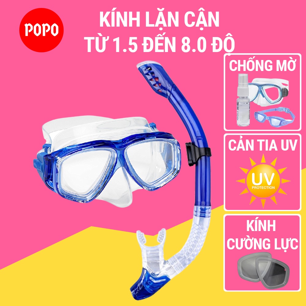 Kính lặn cận có độ, mặt nạ lặn cận có độ kèm ống thở POPO mắt kính cường lực, cản tia UV hạn chế sương mờ