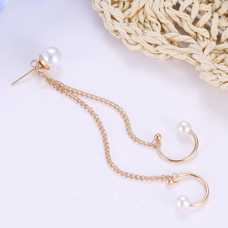 Women Ear Clip Earrings Chain Tassel Dangle Artificial pearls Ear Cuff Unique