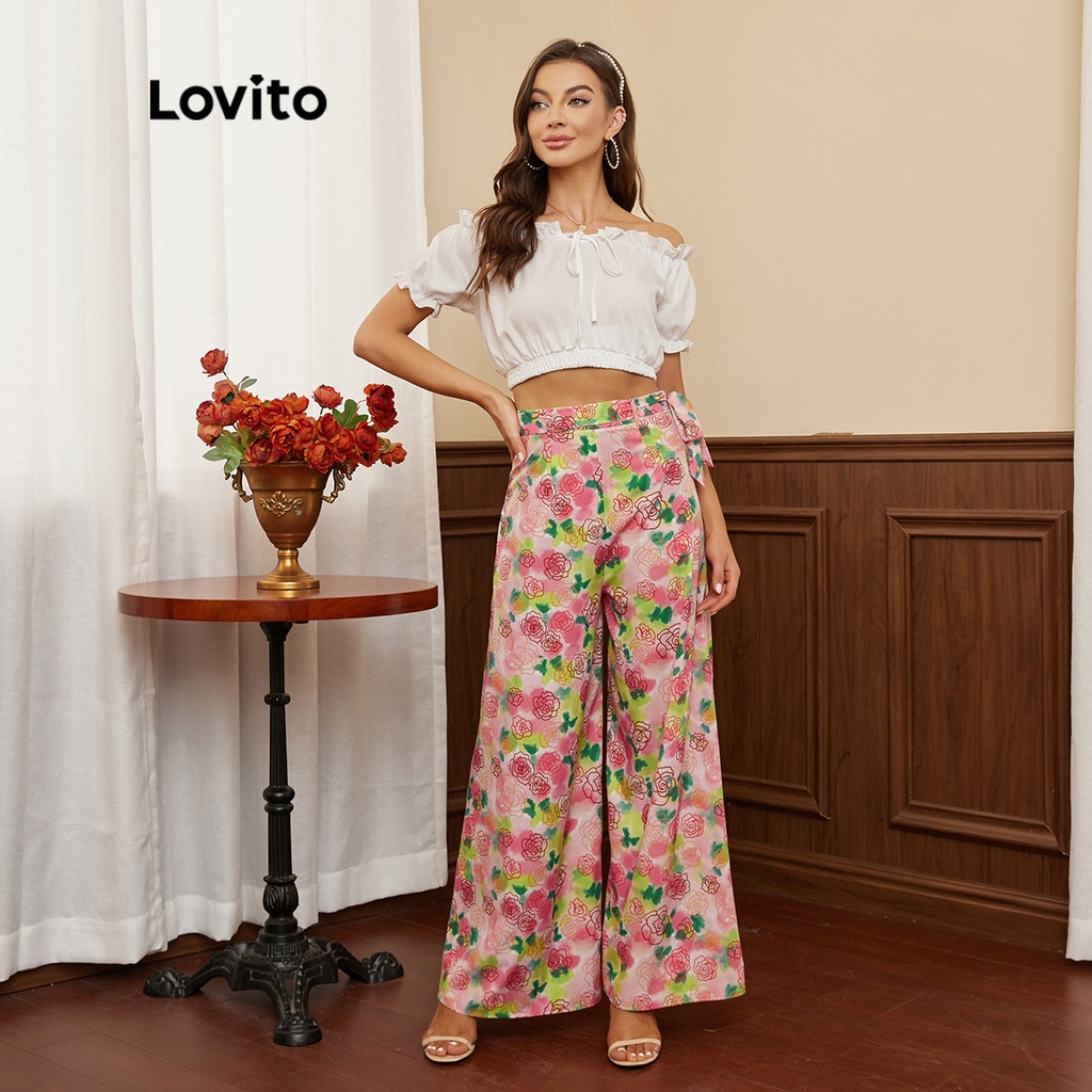 Quần Lovito ống rộng có dây thắt lưng in họa tiết hoa phong cách thanh lịch L17E030 (Nhiều màu sắc)