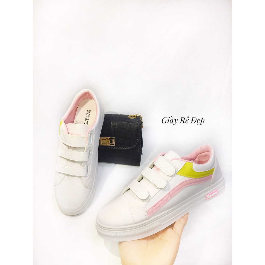 Thể Thao Nữ Trắng Phối Hồng Đế Bệt Đai Dán Superme Thời Trang Tiện Lợi | Giày Bata Ulzzang Nữ Quai Dán Cá Tính