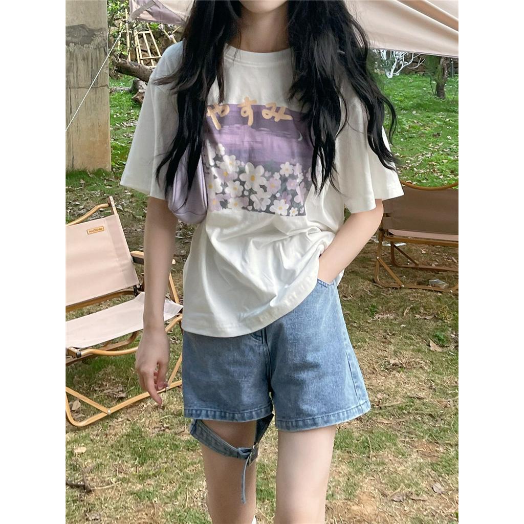Áo Thun Lửng Tay Ngắn In Họa Tiết Tranh Sơn Dầu Cho Nữ