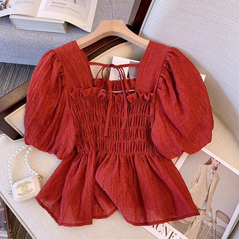 Áo Kiểu Tay Ngắn Cổ Vuông Thiết Kế Mỏng Xinh Xắn Thời Trang Dành Cho Mùa Hè