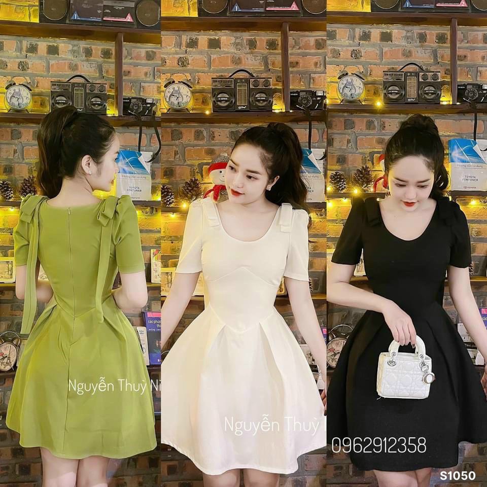 Đầm Nữ Tiểu Thư Cổ Bầu Tròn Tay Ngắn Đính Dây Vai Dáng Xòe - Đầm Umi Mới Ra Hot Hit