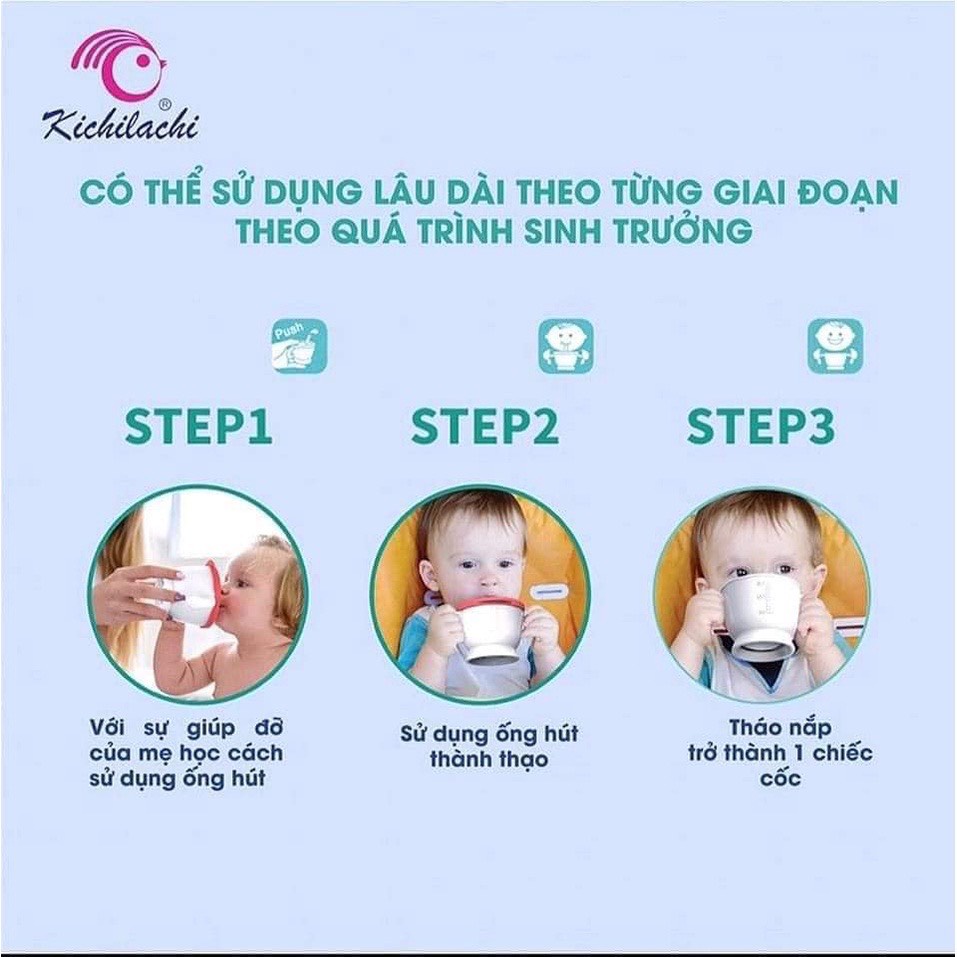 Tặng kèm quà - Cốc tập uống, tập hút 3 giai đoạn Kichilachi tiện lợi cho bé có vạch chia ml