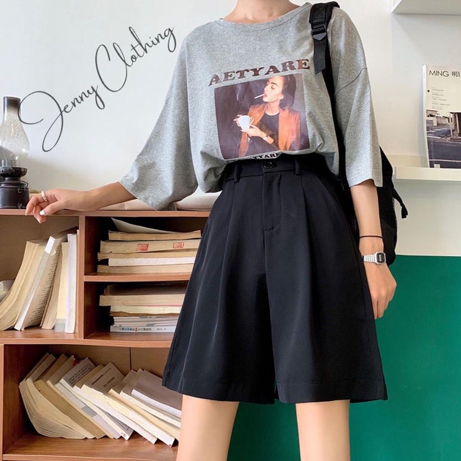 Quần Short nữ ống rộng màu đen cạp lưng cao dáng lửng dài ngang gối vải tuyết mưa mặc đi học chơi biển ở nhà đều đẹp