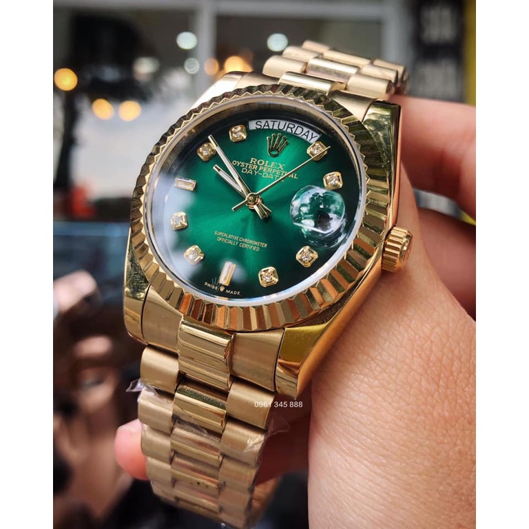 Đồng hồ Nam Rolex máy nhật day date dòng cơ Automatic size 41mm mặt xanh lá vỏ vàng