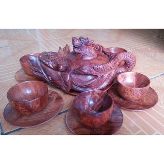 Bộ ấm chén - Bộ ấm chén gỗ hương đục rồng nguyên khối